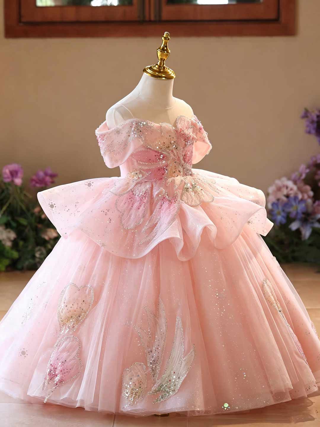 Pink Crystal Petal Princess Girls Evening Dress J630