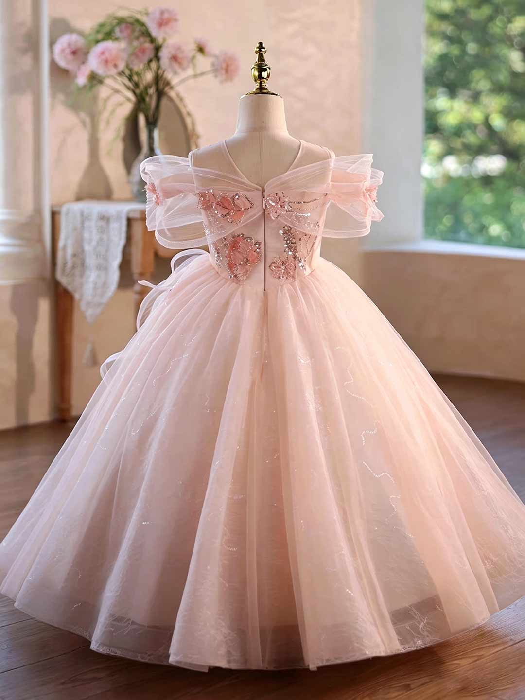 Pink Floral Beaded Off-Shoulder Girls Princess Gown J624