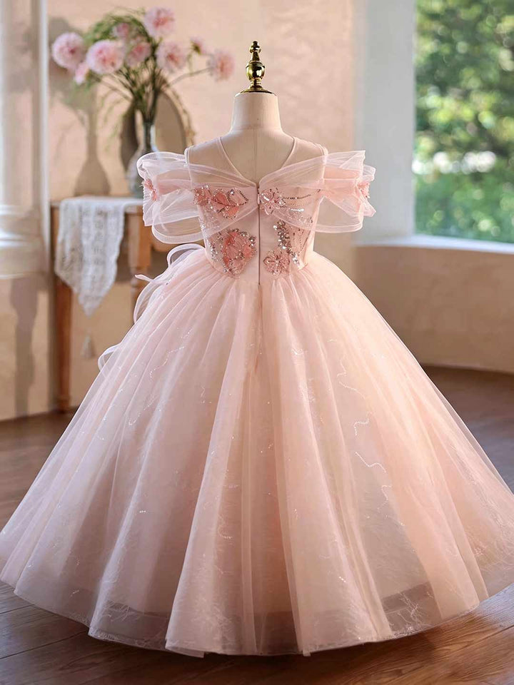 Pink Floral Beaded Off-Shoulder Girls Princess Gown J624