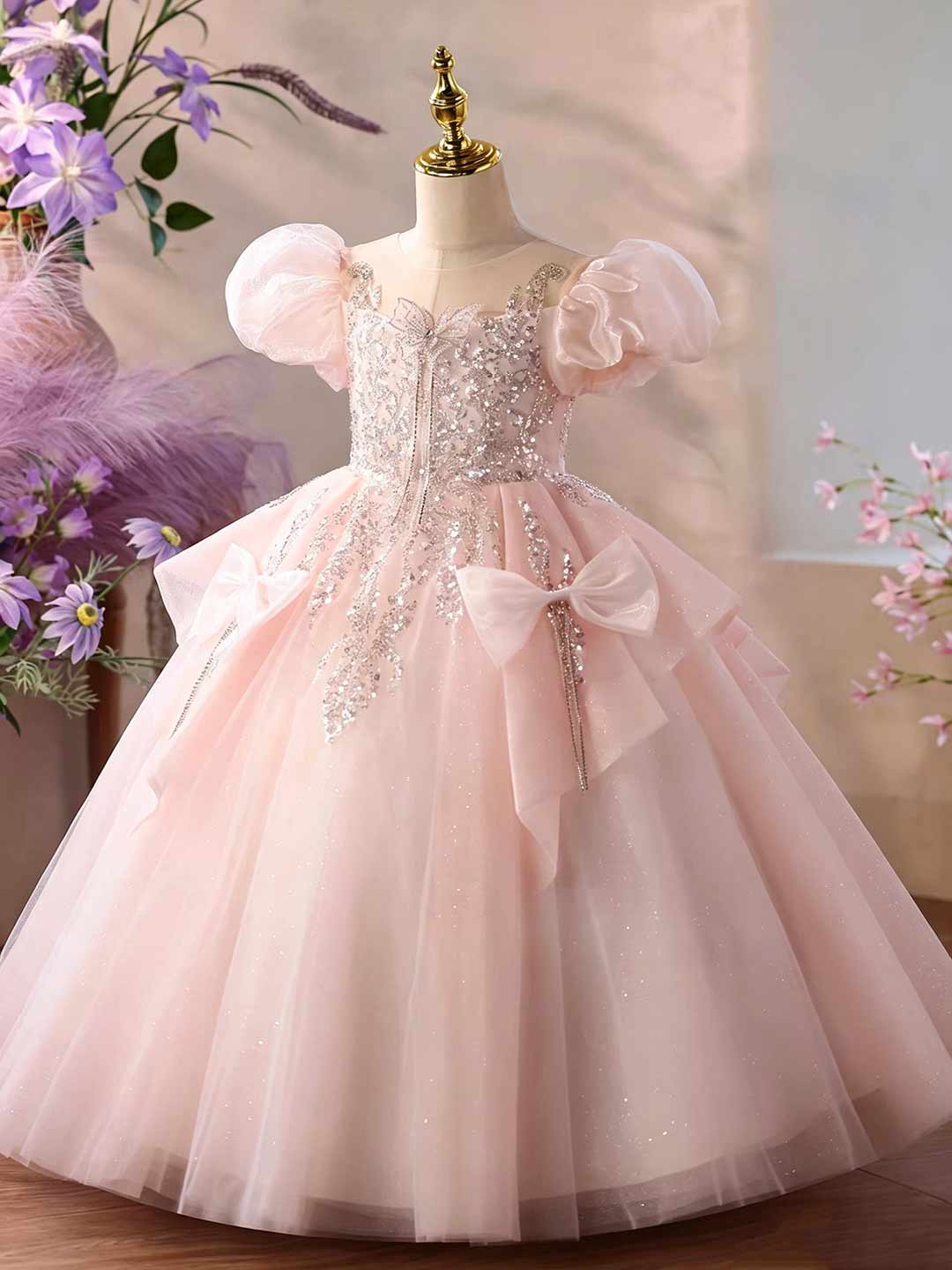 Pink Puff Sleeve Beaded Bow Girls Ball Gown D377