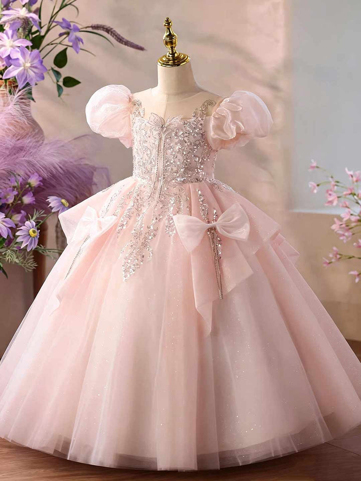 Pink Puff Sleeve Beaded Bow Girls Ball Gown D377
