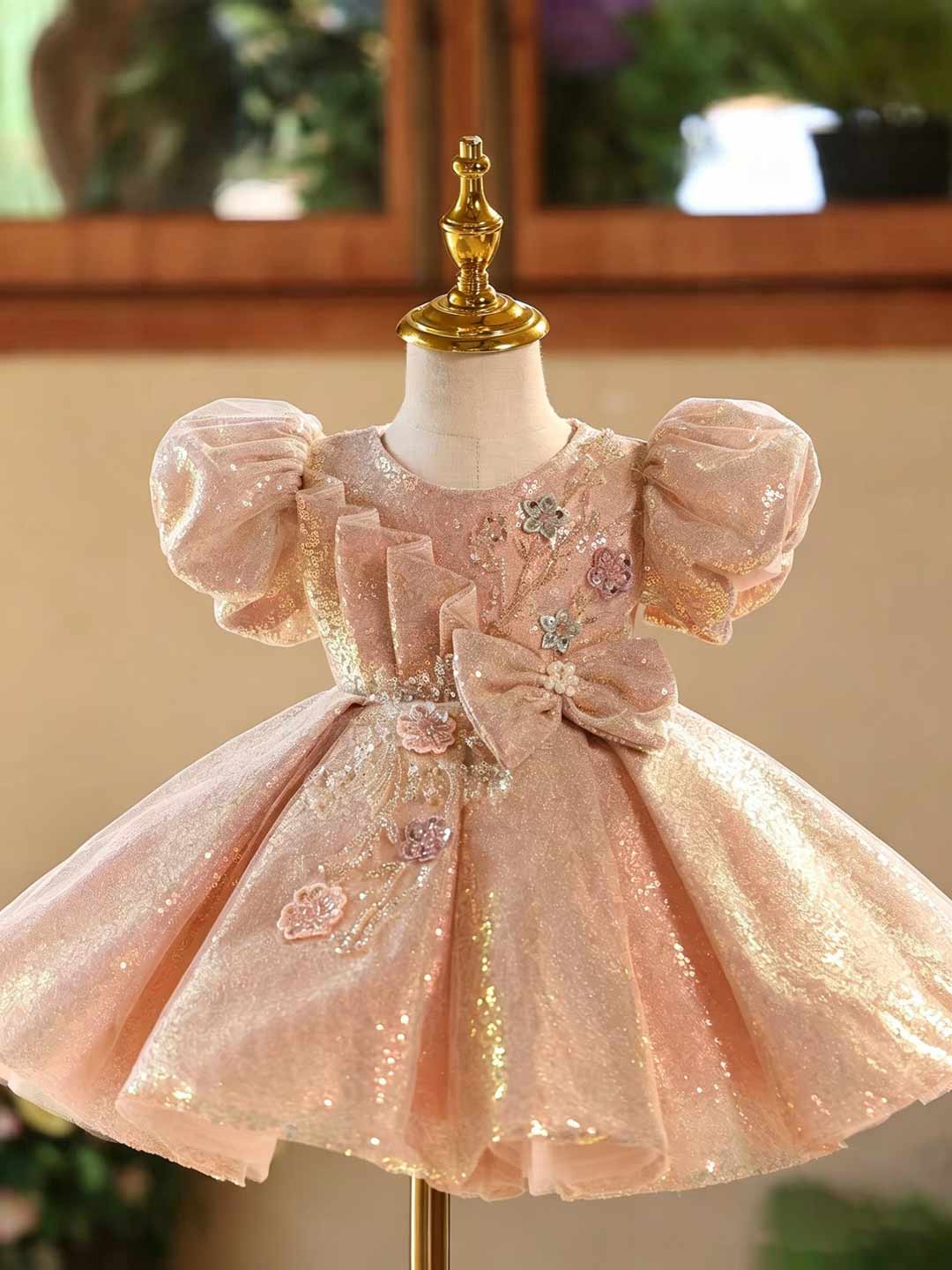 Pink Sequin Floral Bow Puff Sleeve Girls Princess Dress D603