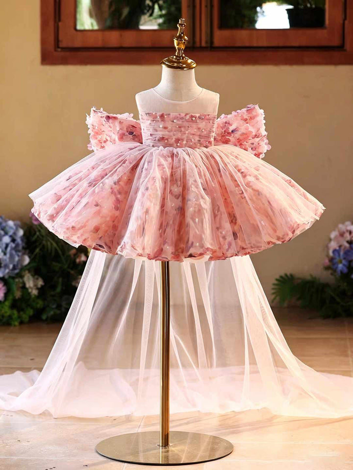 Pink 3D Floral Pearl Off-Shoulder Girls Ceremony Dress J525