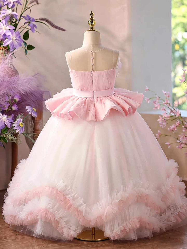 Pink 3D Floral Ruffle Peplum Girls Pageant Gown J626