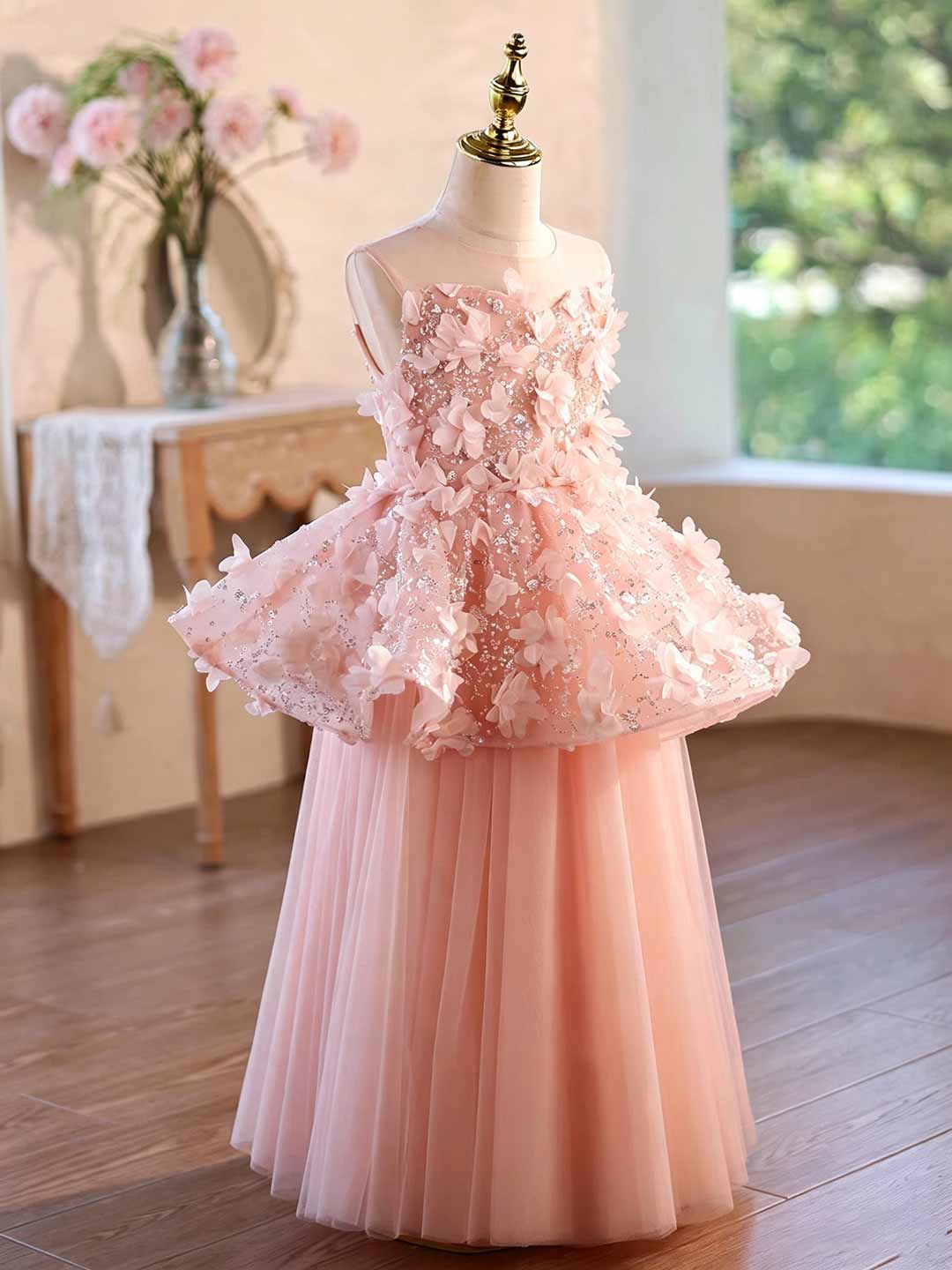 Pink 3D Floral Sequin Peplum Girls Formal Dress J625