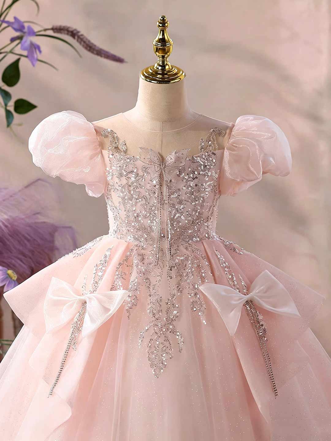 Pink Puff Sleeve Beaded Bow Girls Ball Gown D377
