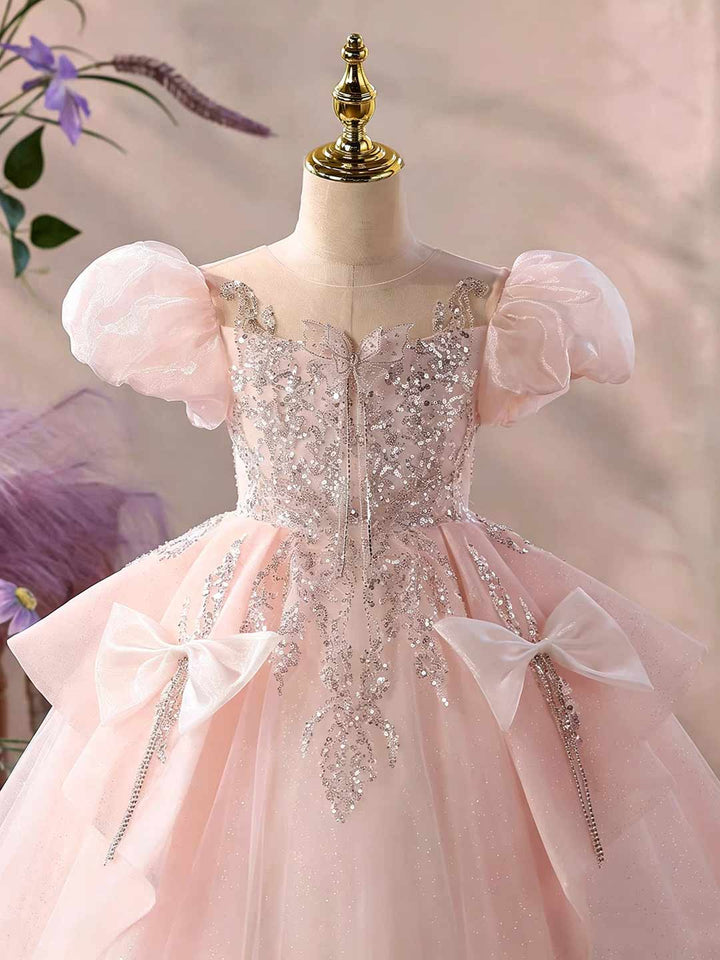 Pink Puff Sleeve Beaded Bow Girls Ball Gown D377