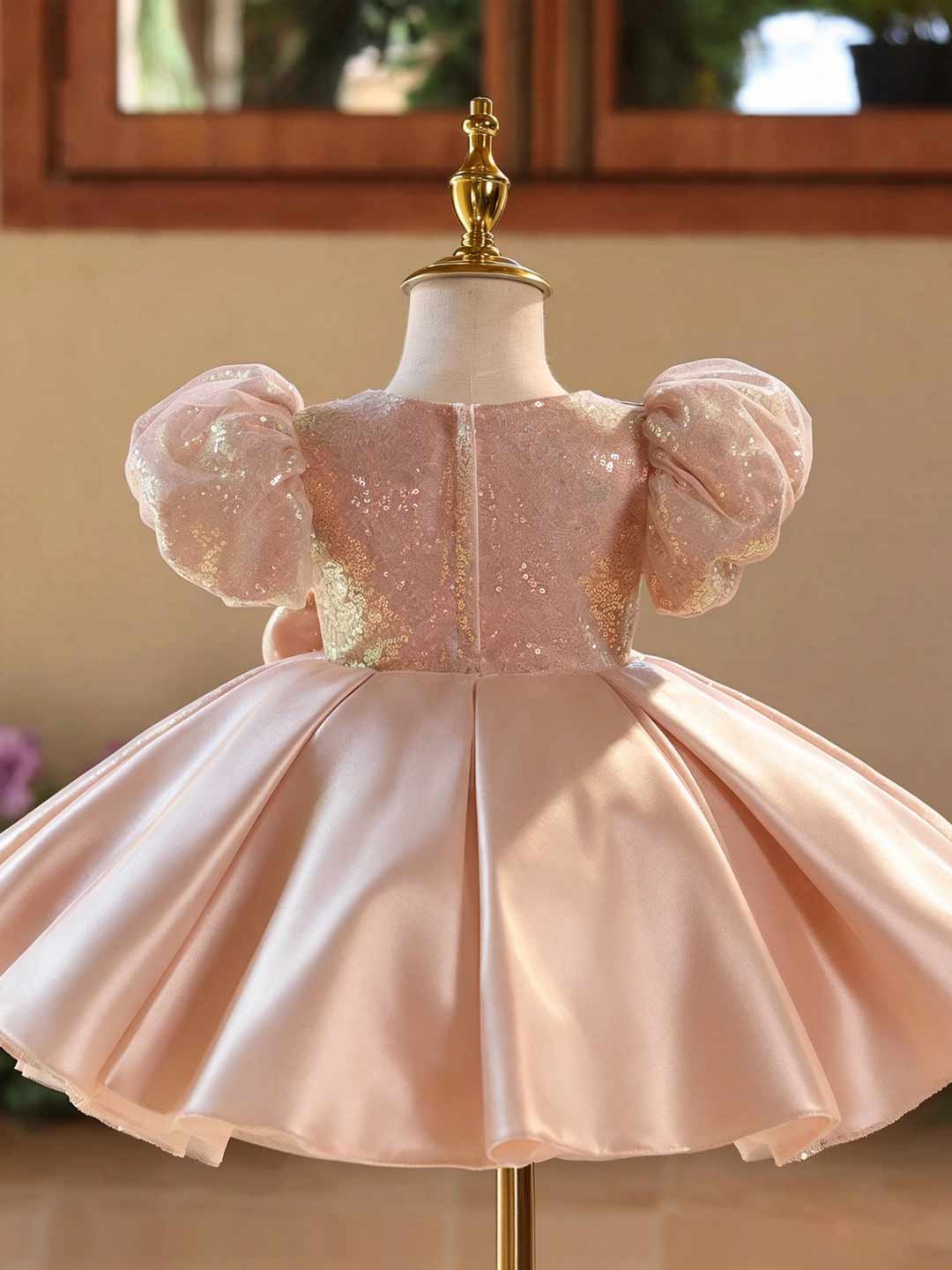 Pink Sequin Floral Bow Puff Sleeve Girls Princess Dress D603