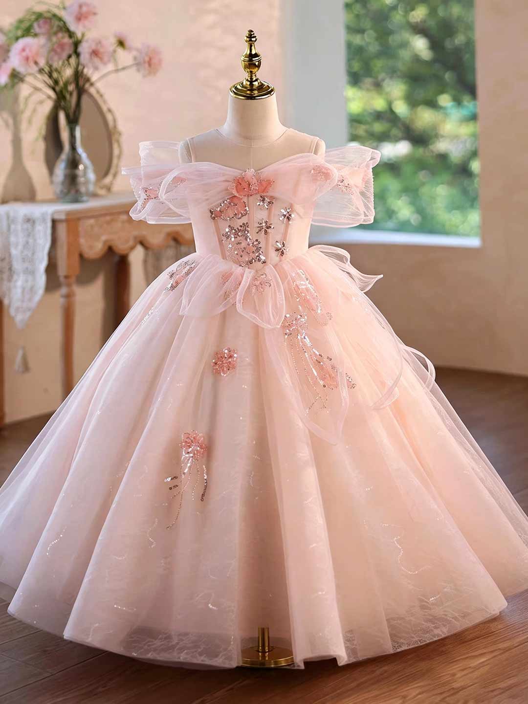Pink Floral Beaded Off-Shoulder Girls Princess Gown J624