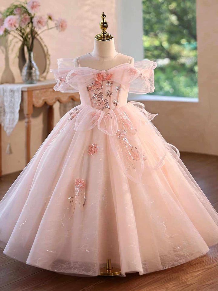 Pink Floral Beaded Off-Shoulder Girls Princess Gown J624