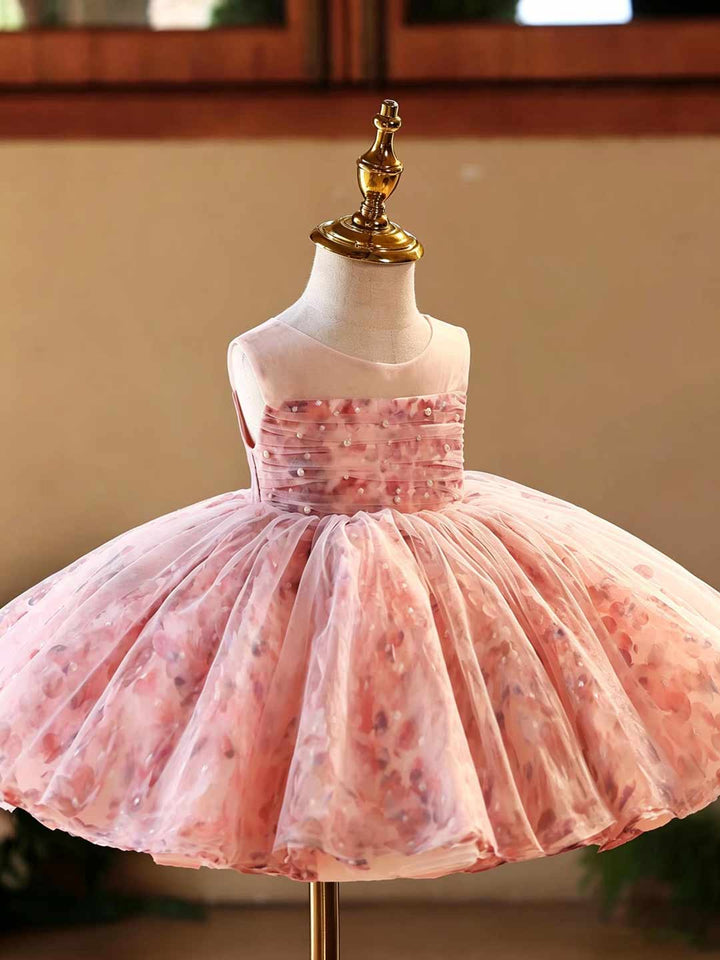 Pink 3D Floral Pearl Off-Shoulder Girls Ceremony Dress J525