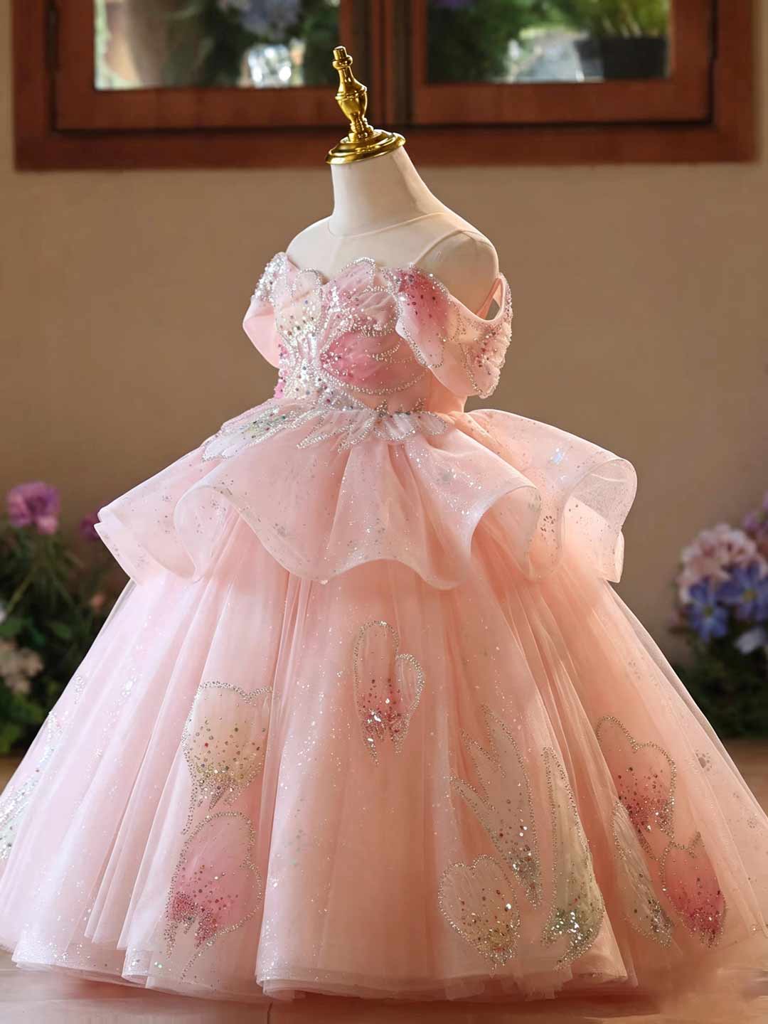 Pink Crystal Petal Princess Girls Evening Dress J630