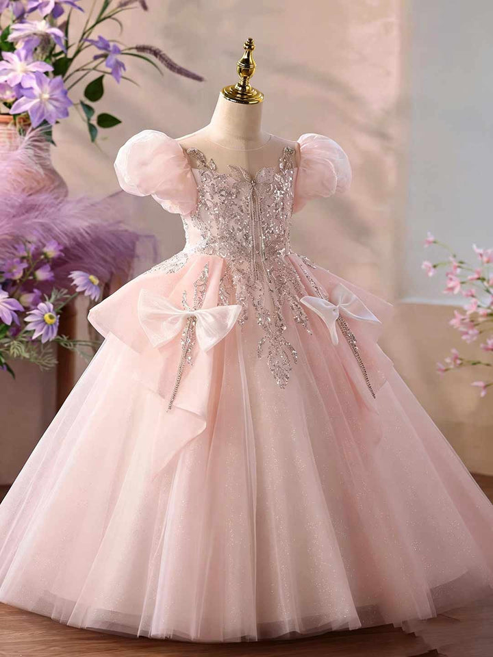 Pink Puff Sleeve Beaded Bow Girls Ball Gown D377