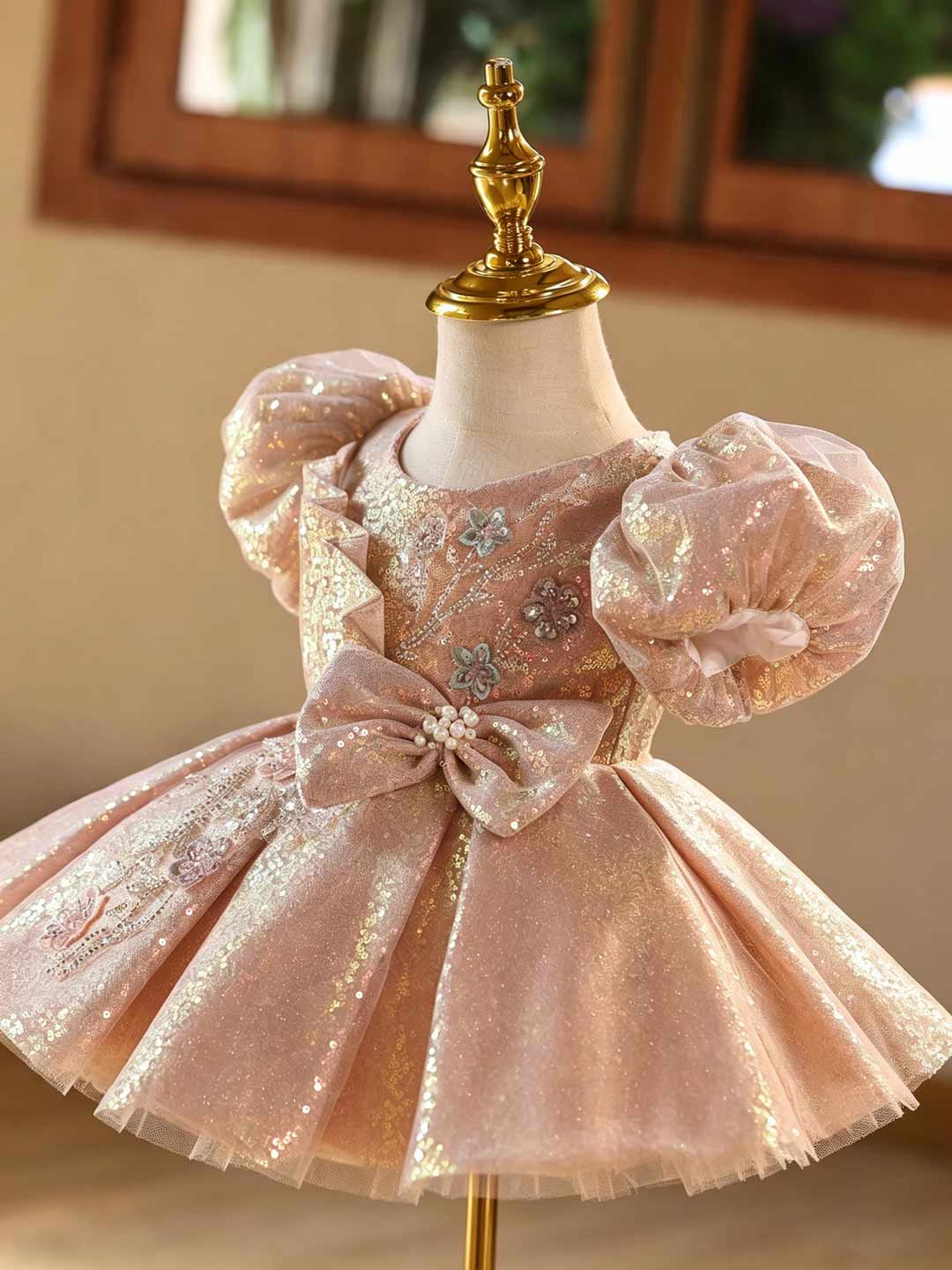 Pink Sequin Floral Bow Puff Sleeve Girls Princess Dress D603