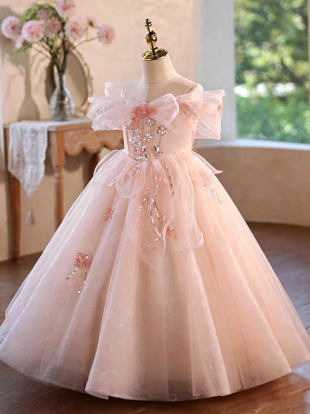 Pink Floral Beaded Off-Shoulder Girls Princess Gown J624