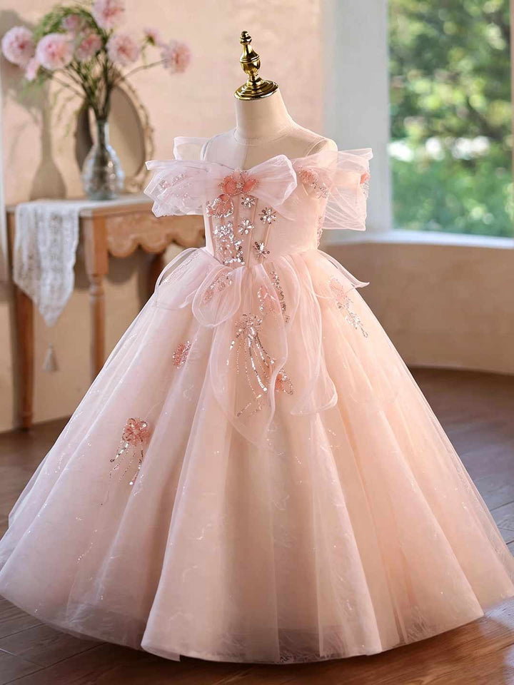 Pink Floral Beaded Off-Shoulder Girls Princess Gown J624