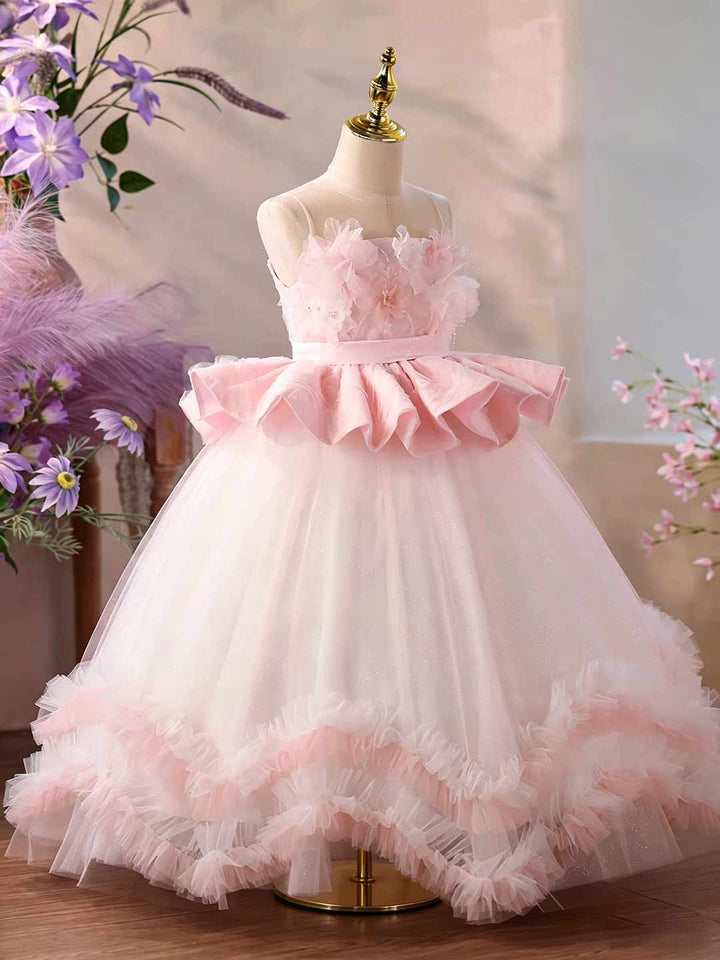 Pink 3D Floral Ruffle Peplum Girls Pageant Gown J626