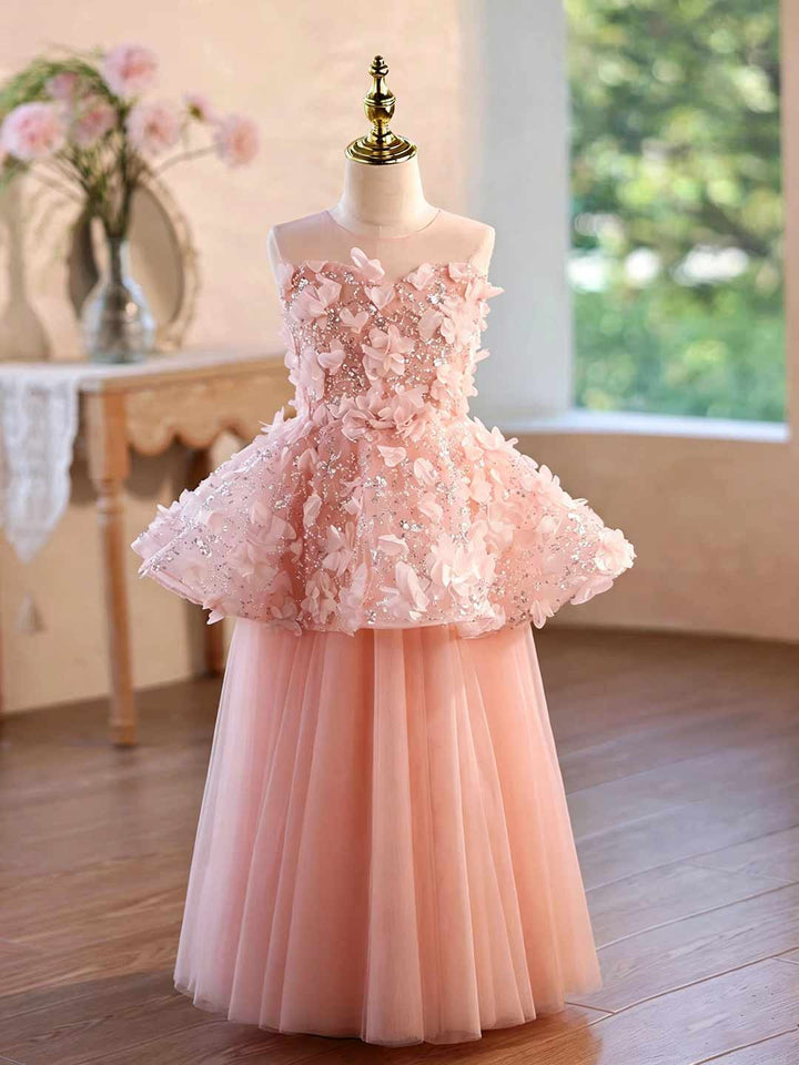 Pink 3D Floral Sequin Peplum Girls Formal Dress J625