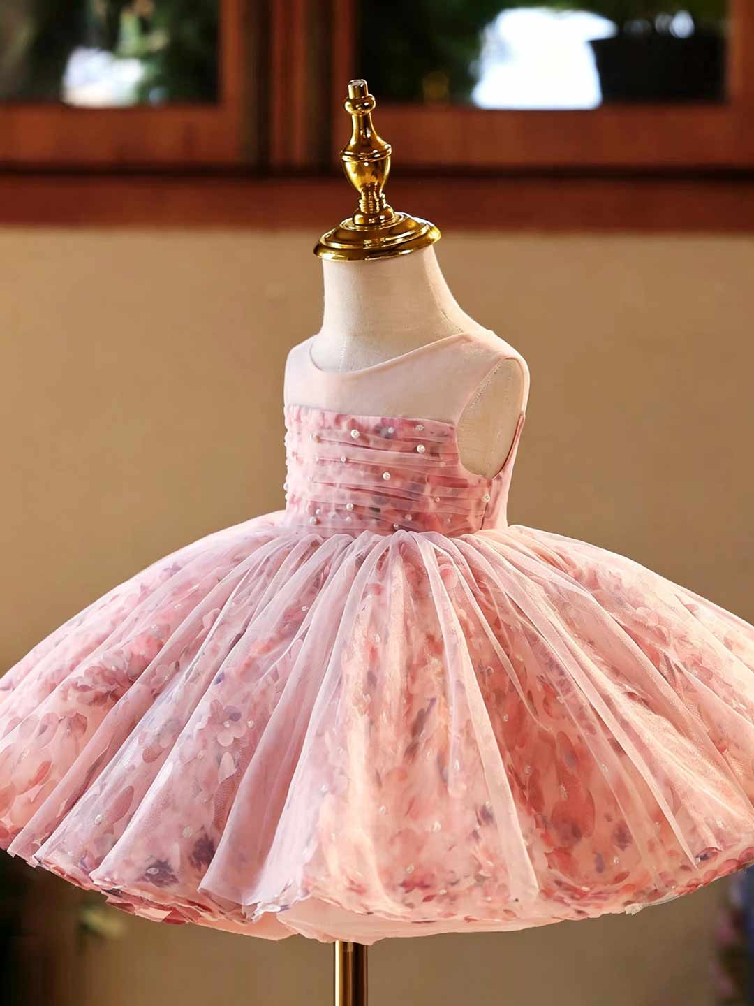 Pink 3D Floral Pearl Off-Shoulder Girls Ceremony Dress J525