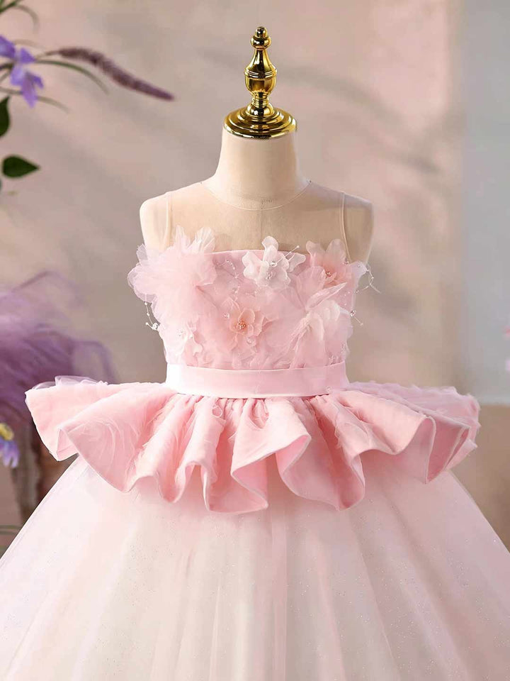 Pink 3D Floral Ruffle Peplum Girls Pageant Gown J626