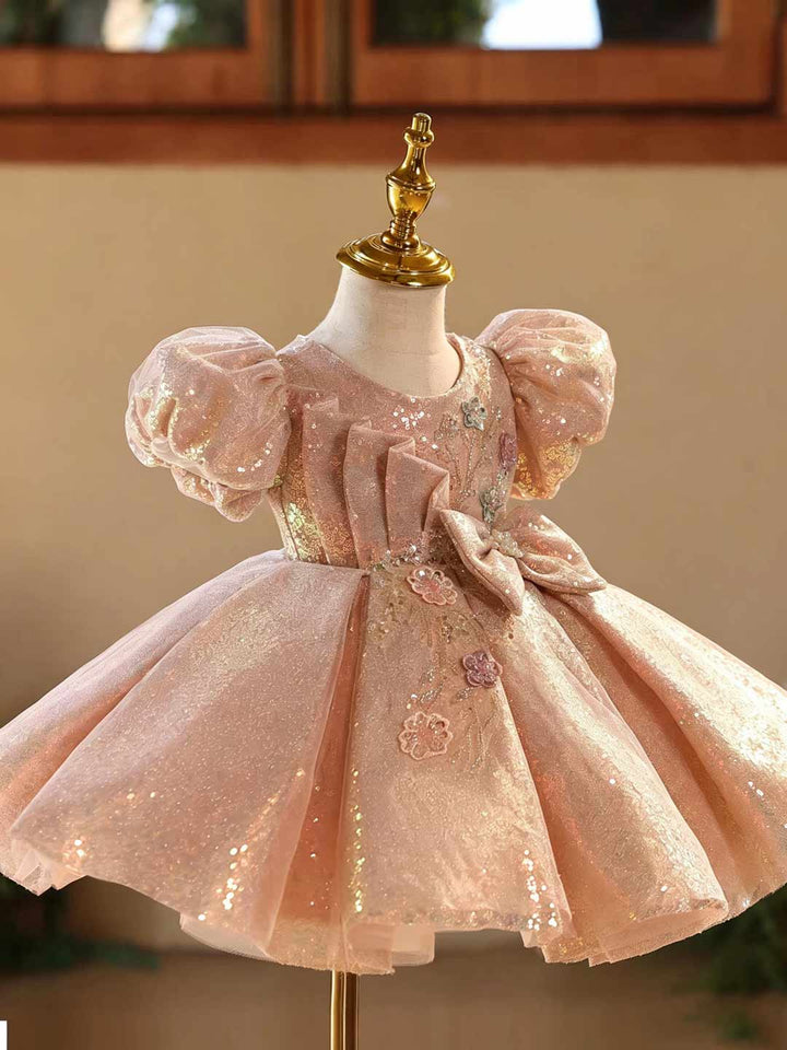 Pink Sequin Floral Bow Puff Sleeve Girls Princess Dress D603