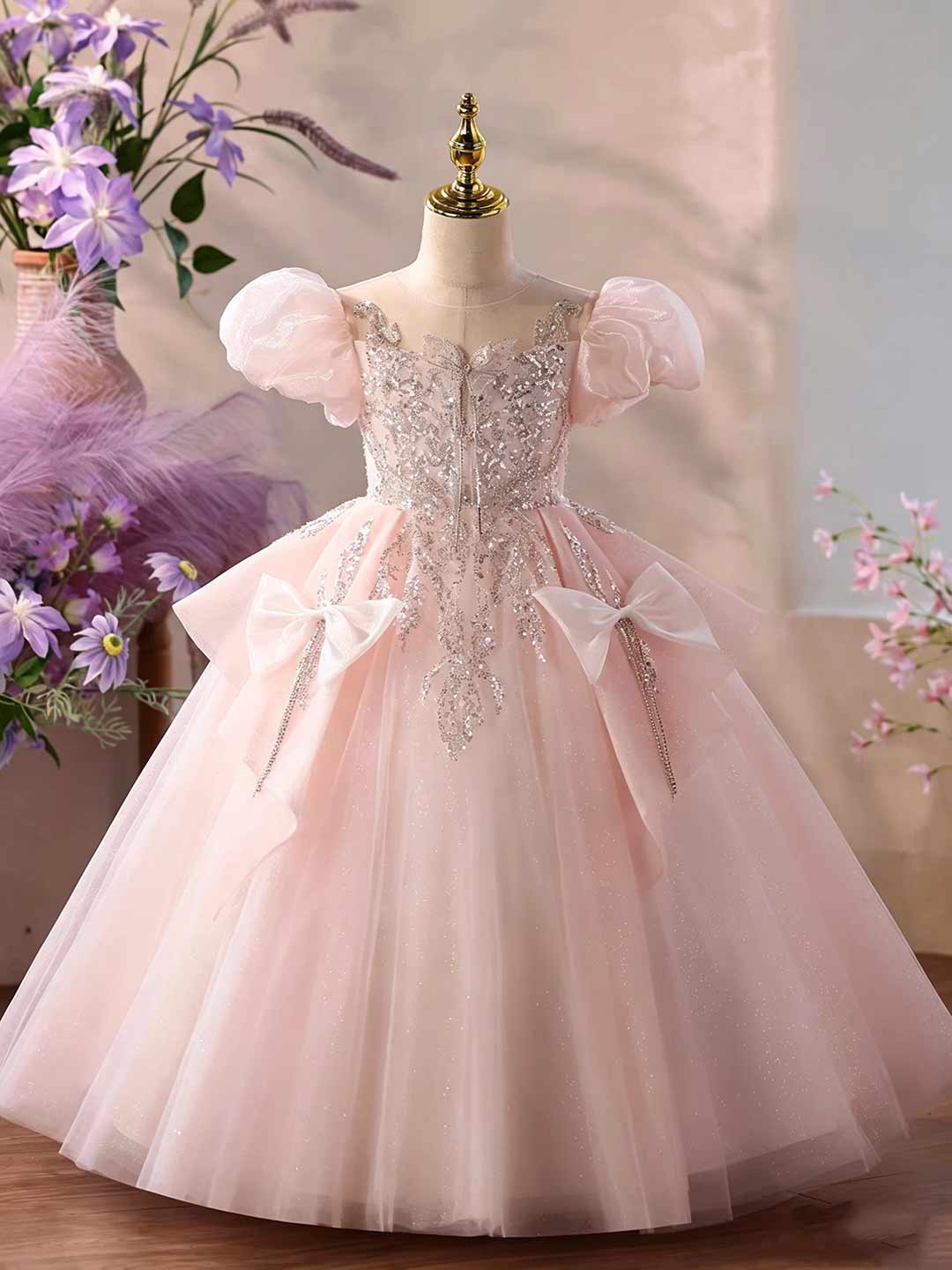 Pink Puff Sleeve Beaded Bow Girls Ball Gown D377