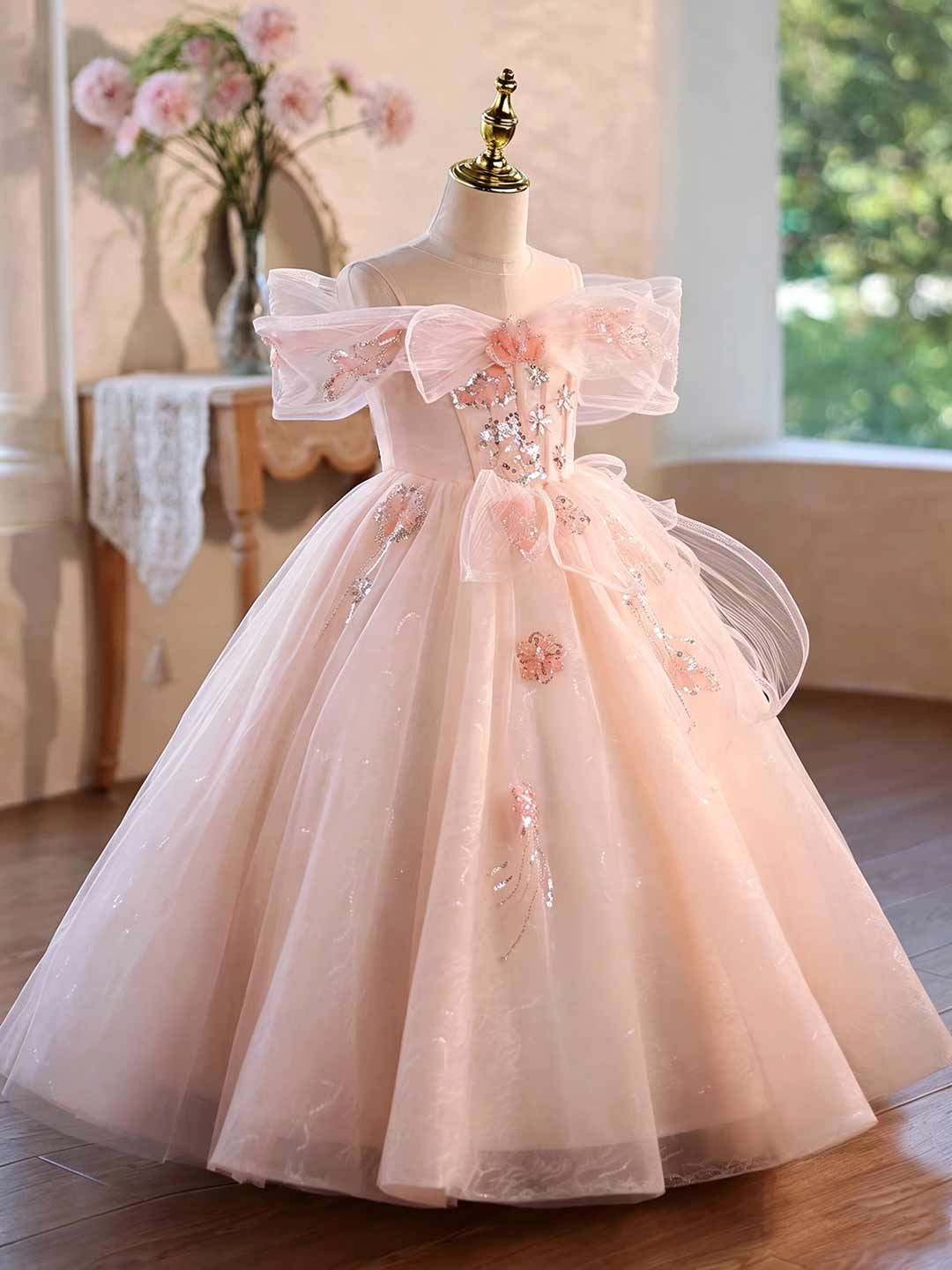 Pink Floral Beaded Off-Shoulder Girls Princess Gown J624