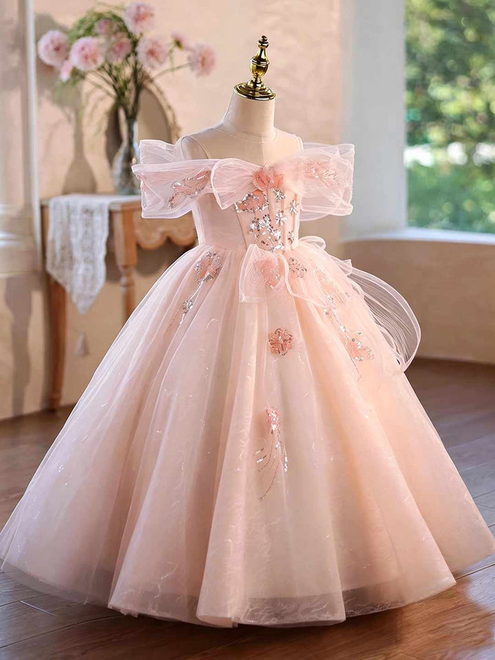 Pink Floral Beaded Off-Shoulder Girls Princess Gown J624