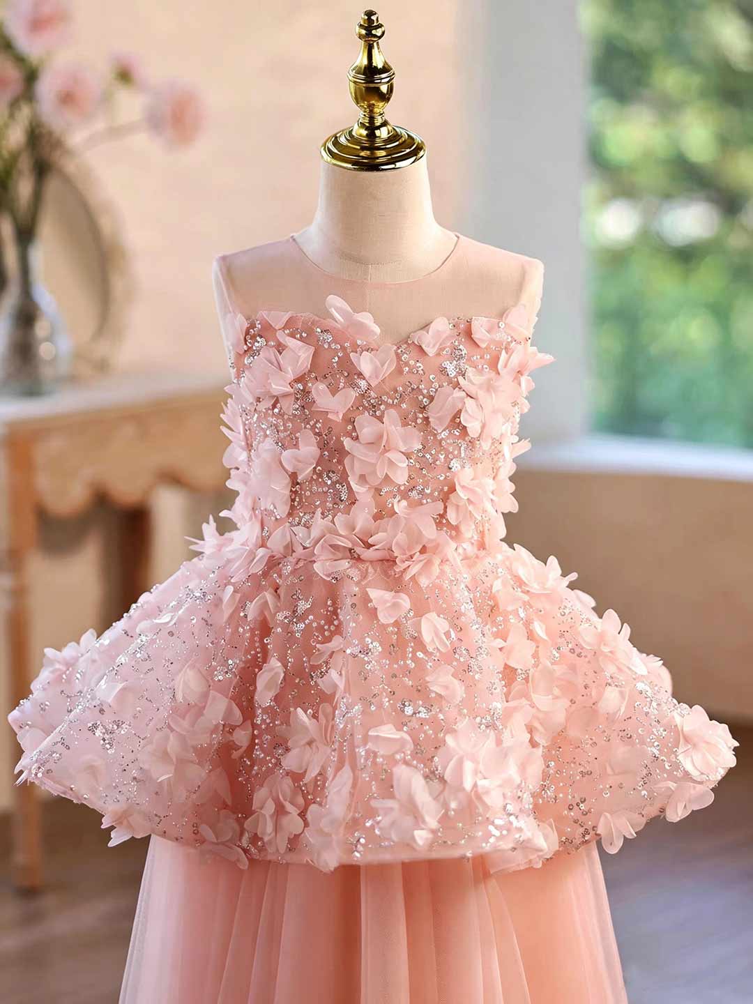 Pink 3D Floral Sequin Peplum Girls Formal Dress J625