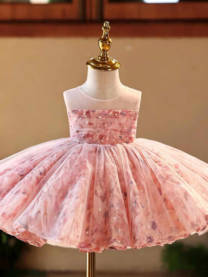 Pink 3D Floral Pearl Off-Shoulder Girls Ceremony Dress J525