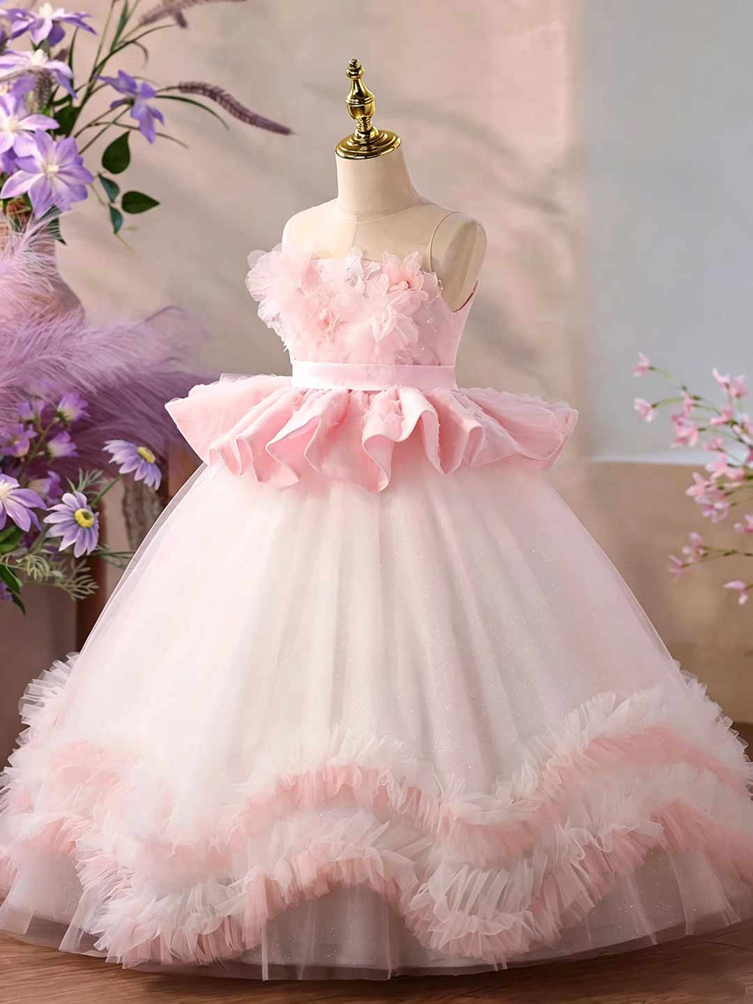 Pink 3D Floral Ruffle Peplum Girls Pageant Gown J626