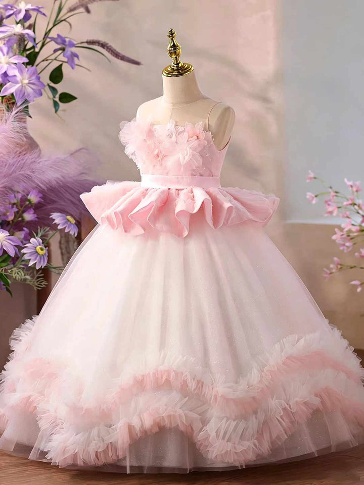 Pink 3D Floral Ruffle Peplum Girls Pageant Gown J626