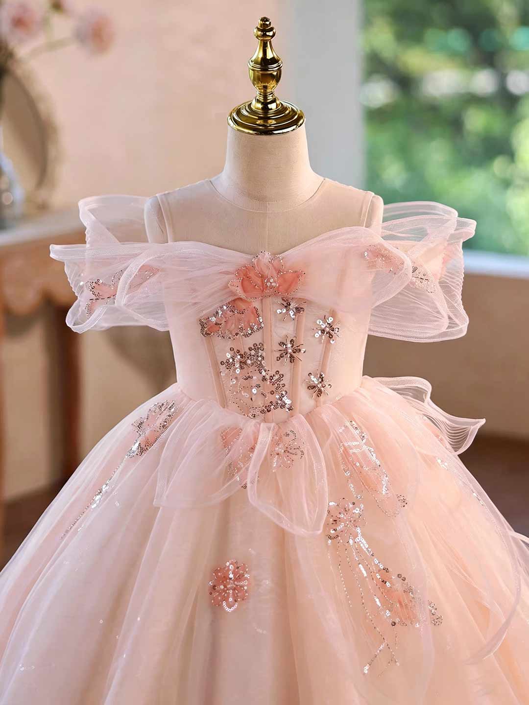Pink Floral Beaded Off-Shoulder Girls Princess Gown J624