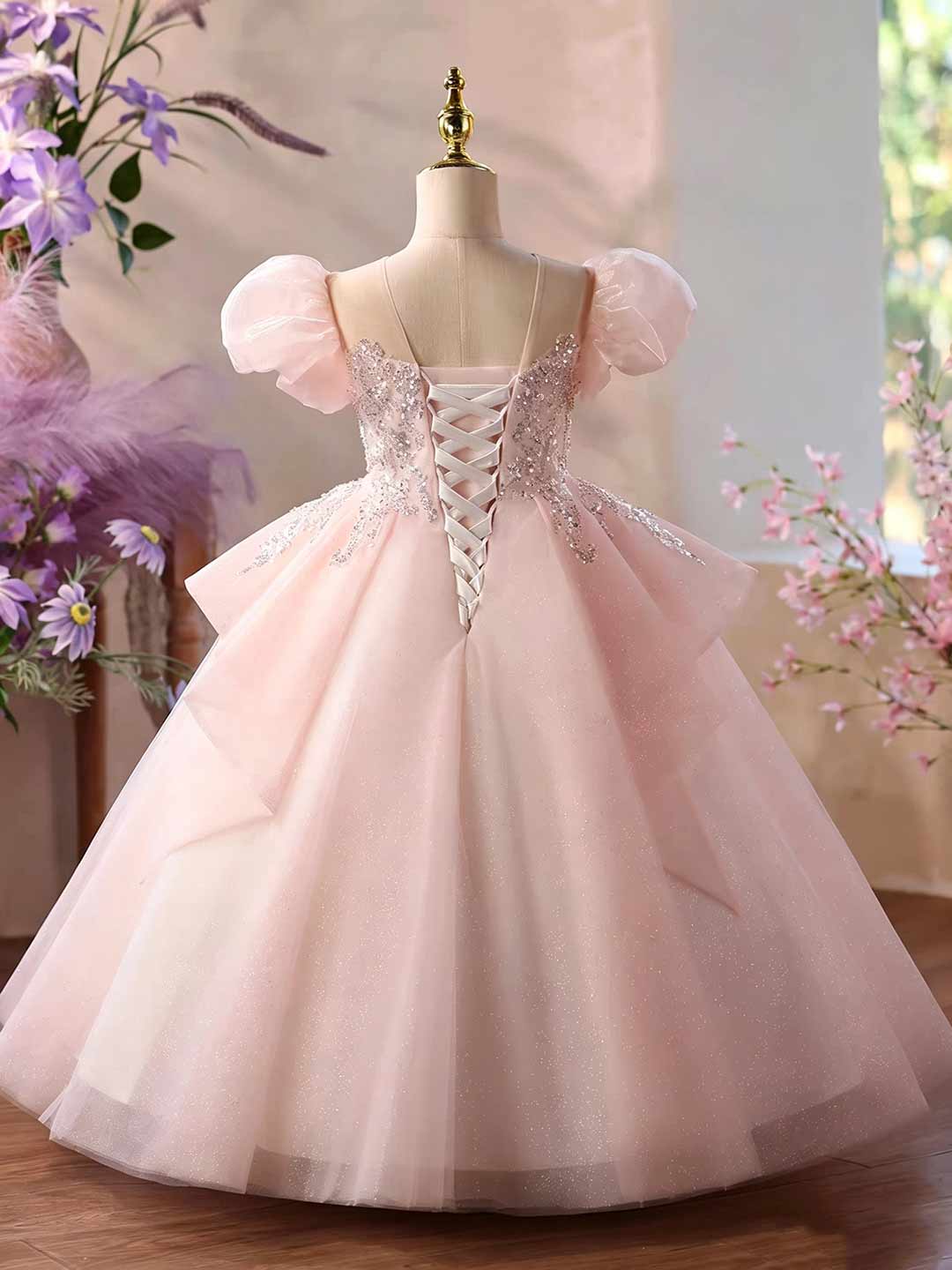 Pink Puff Sleeve Beaded Bow Girls Ball Gown D377