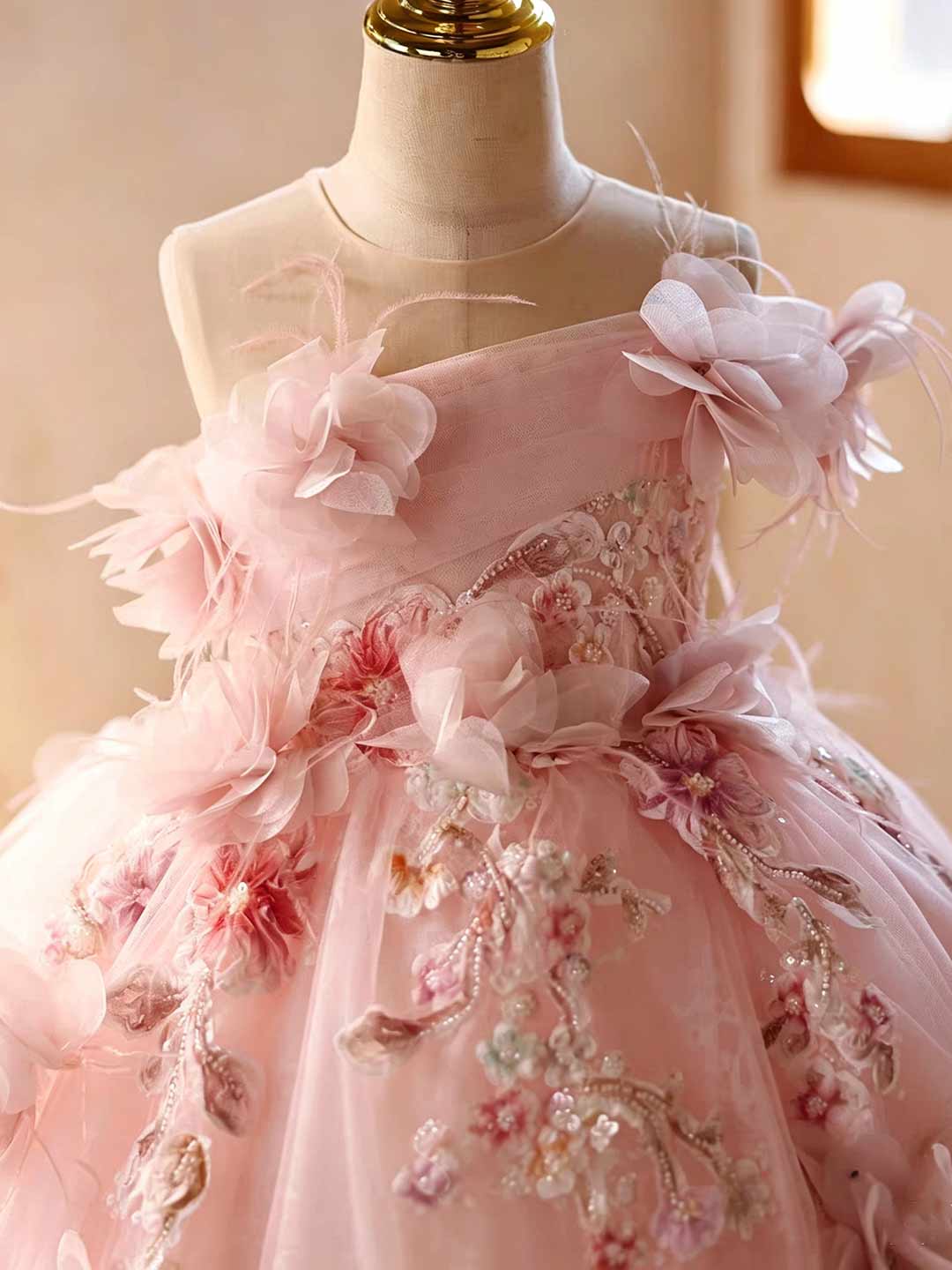 Pink 3D Floral Embroidered Girls Princess Gown J627