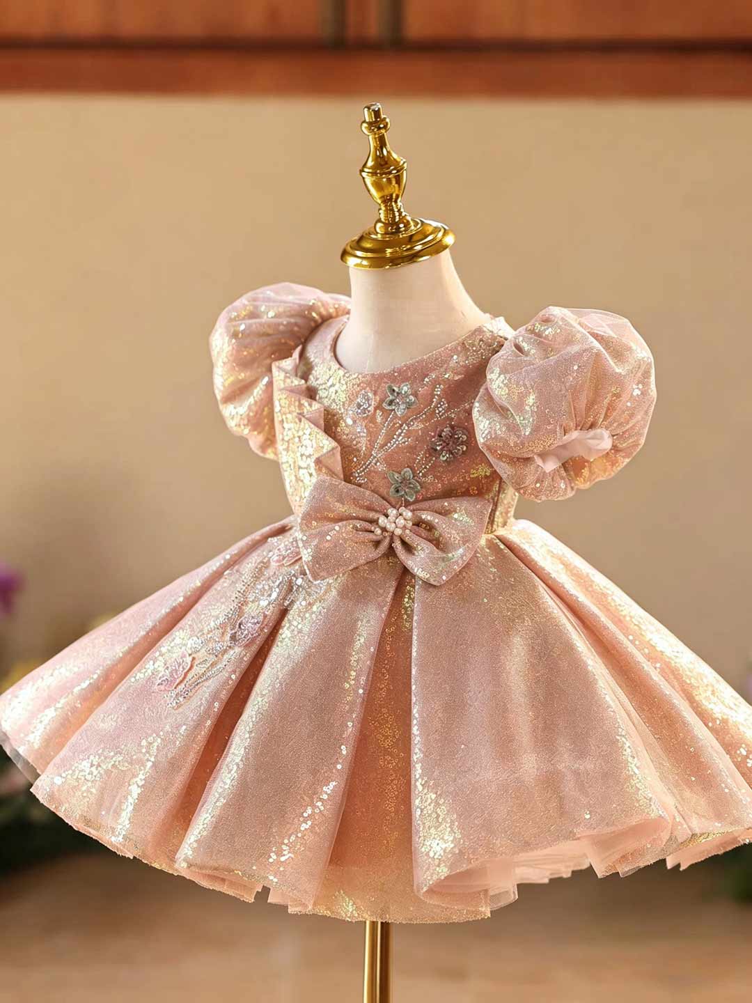 Pink Sequin Floral Bow Puff Sleeve Girls Princess Dress D603