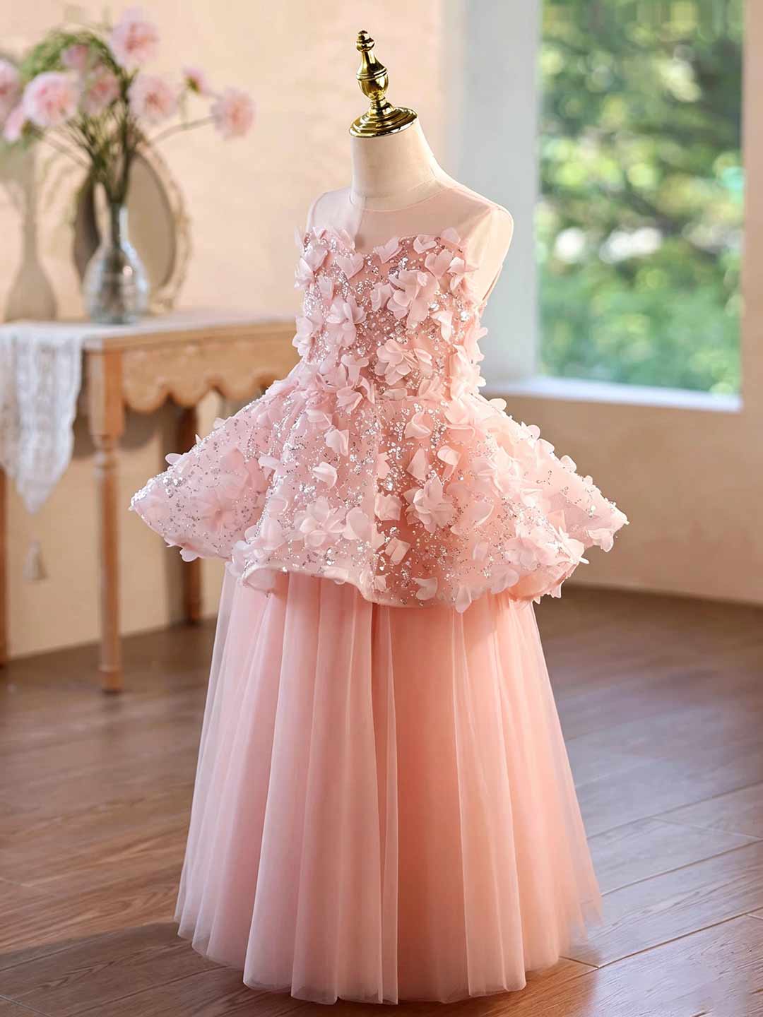 Pink 3D Floral Sequin Peplum Girls Formal Dress J625