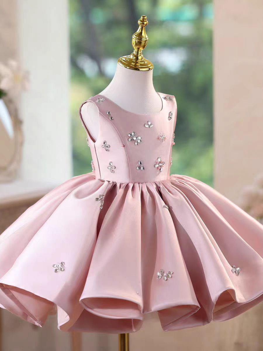 Charming Pink Satin Flower Girl Dress Knee-Length for Birthday D156