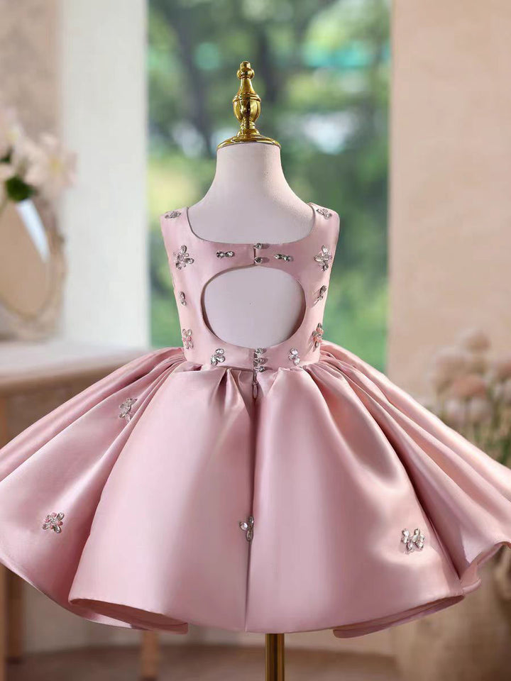 Charming Pink Satin Flower Girl Dress Knee-Length for Birthday D156