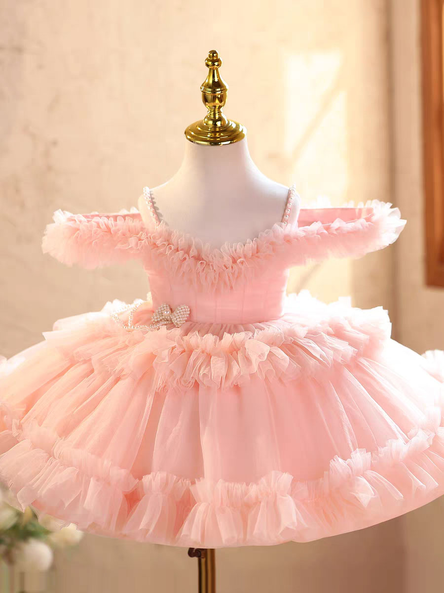 Elegant Off-Shoulder Pearl Pageant Dress for Girls Princess Party Gown D239