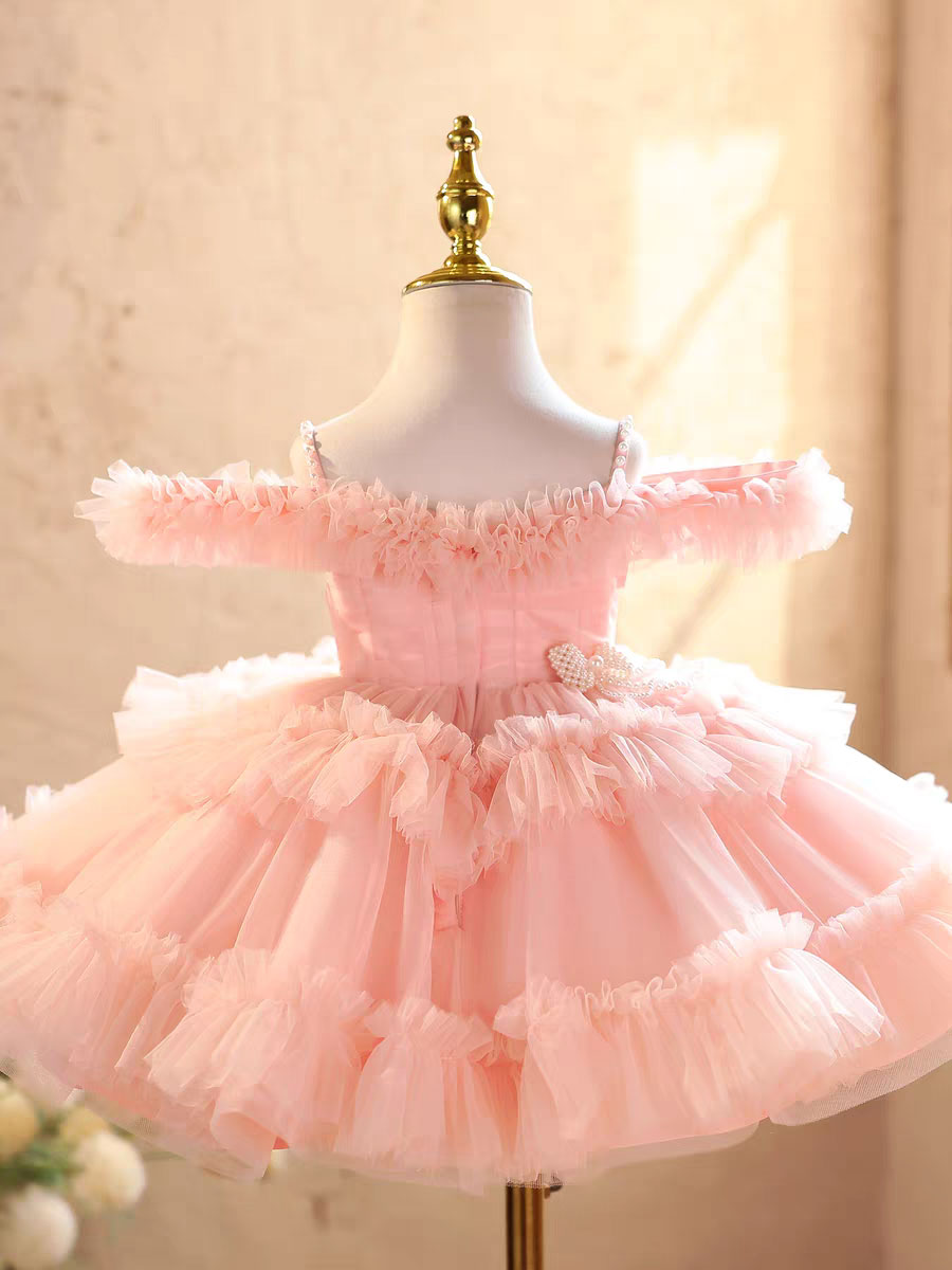 Elegant Off-Shoulder Pearl Pageant Dress for Girls Princess Party Gown D239