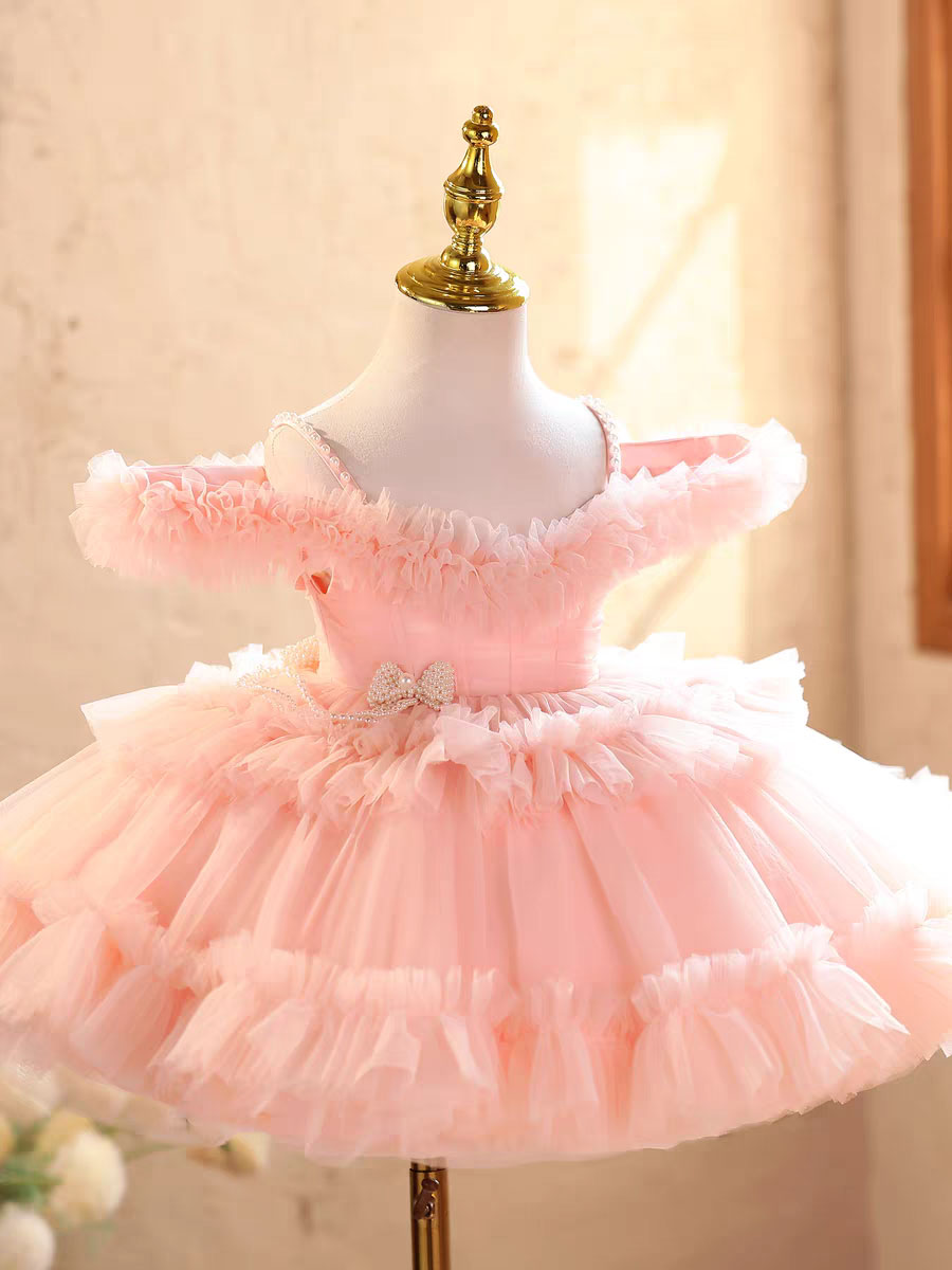 Elegant Off-Shoulder Pearl Pageant Dress for Girls Princess Party Gown D239