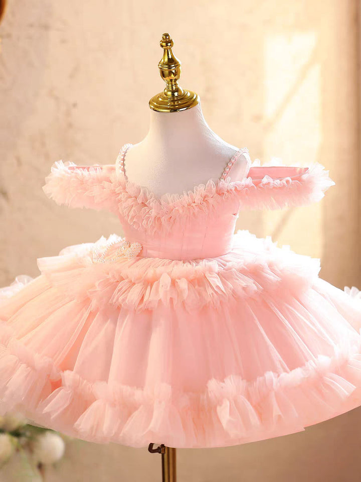 Elegant Off-Shoulder Pearl Pageant Dress for Girls Princess Party Gown D239