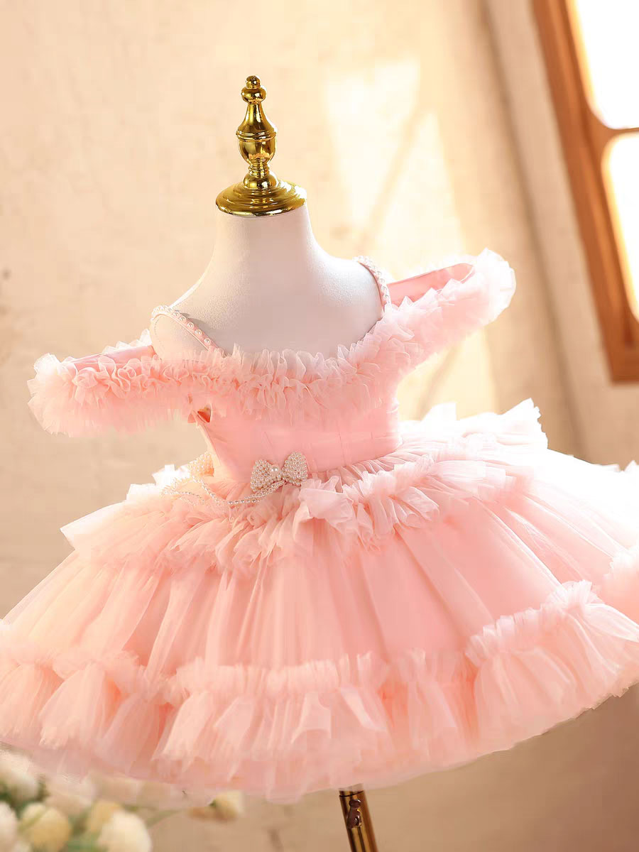 Elegant Off-Shoulder Pearl Pageant Dress for Girls Princess Party Gown D239