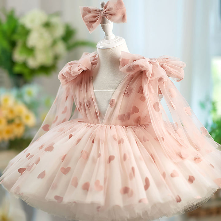 V-Neck Long Sleeve Tulle Flower Girl Dress with Bow D059