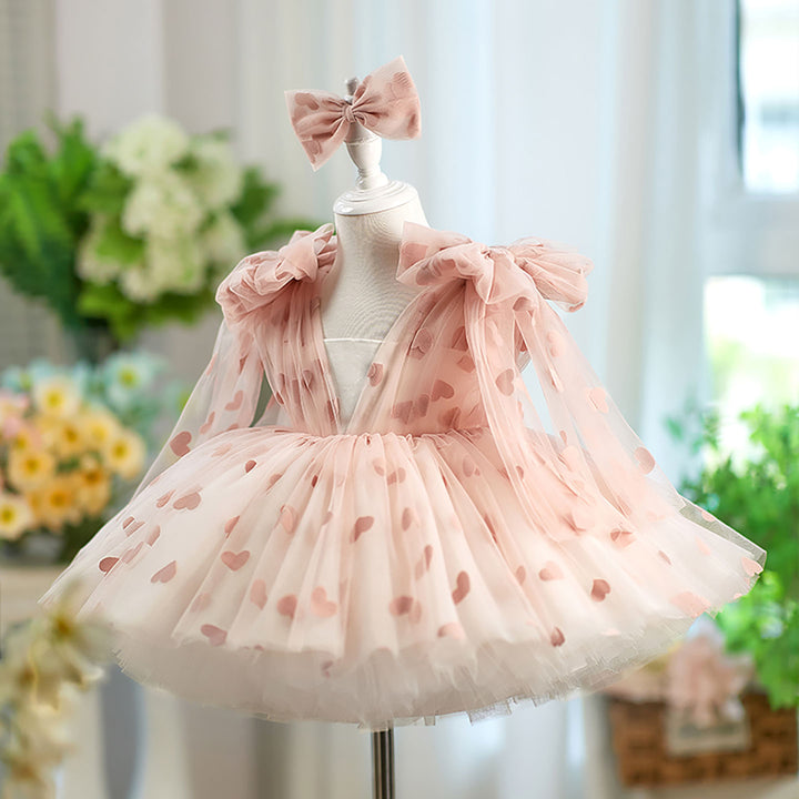 V-Neck Long Sleeve Tulle Flower Girl Dress with Bow D059