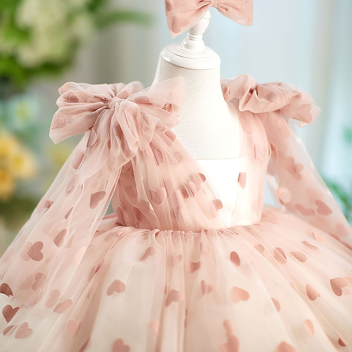 V-Neck Long Sleeve Tulle Flower Girl Dress with Bow D059