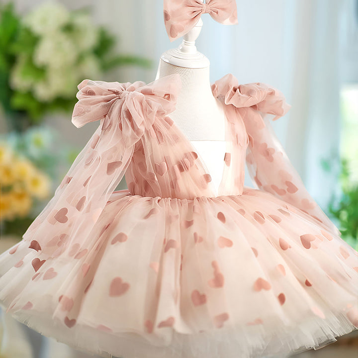V-Neck Long Sleeve Tulle Flower Girl Dress with Bow D059