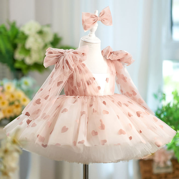 V-Neck Long Sleeve Tulle Flower Girl Dress with Bow D059
