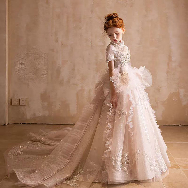 Elegant Flower Girl Dress with Floral Appliques for Birthday Pageant J031